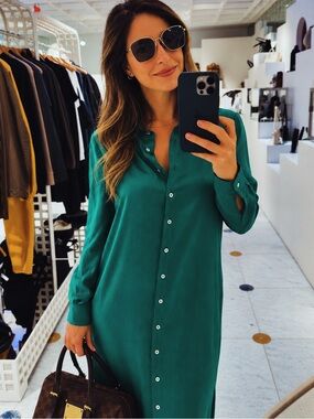 SILK Emerald Green Long Button-Front Maxi Shirt Dress